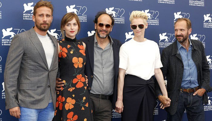 Matthias Schoenaerts, Dakota Johnson, Luca Guadagnino, Tilda Swinton, and Ralph Fiennes pose together at the 2015 Venice Film Festival photocall for A Bigger Splash