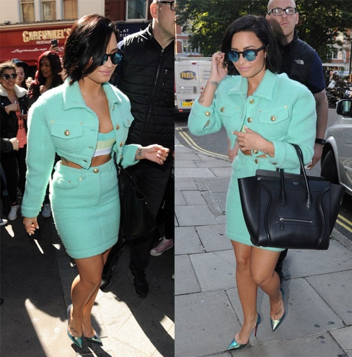 Demi Lovato turns heads in a mint-green Moschino twin set with a cropped jacket and matching skirt, paired with metallic Christian Louboutin pumps and her signature black Celine tote at Kiss FM Radio studios in London on September 10, 2015