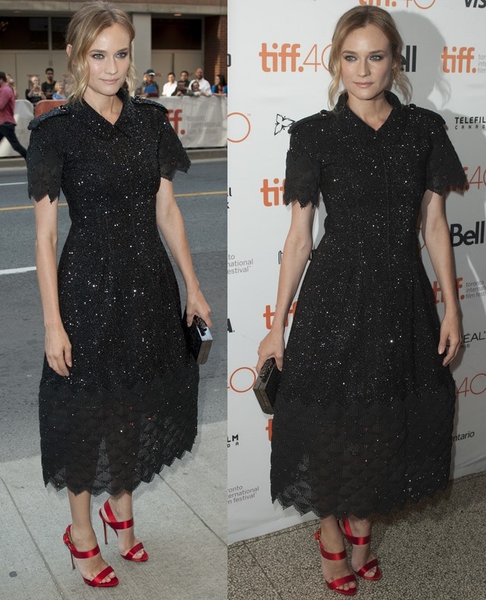 Diane Kruger contrasted her glittering black Chanel Fall 2015 Couture dress with vibrant red Giuseppe Zanotti satin sandals, creating a bold color accent against the textured silhouette