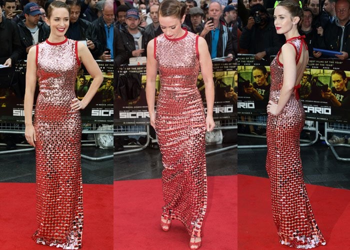 Emily Blunt wears a sequin-embellished Prada dress at the premiere of her new movie "Sicario"