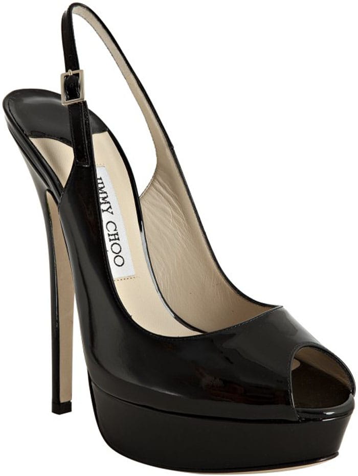 Black sky-high platform Vita pump from Jimmy Choo with a skinny wrapped heel and alluring peep toe