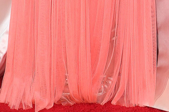 Joanna Newsom and Andy Samberg exude understated elegance on the red carpet — she in a blush-and-coral Delpozo gown paired with Charlotte Olympia “Ursula” sandals, and he in a classic black tuxedo with a patterned bow tie