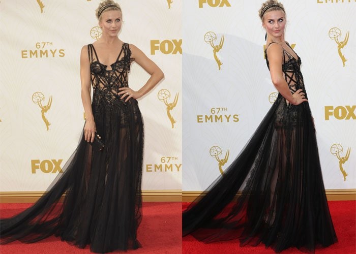 Julianne Hough grounds her sheer black Marchesa gown with metallic Jimmy Choo “Teira” heels, adding structure and shine to the ethereal red-carpet look at the 2015 Emmys