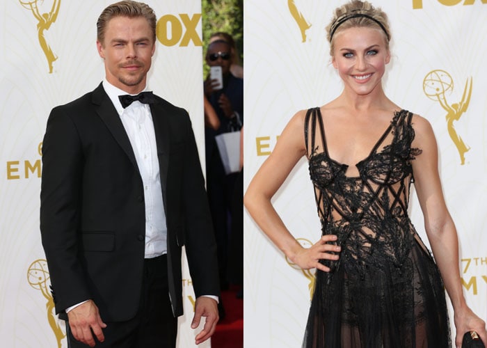 Julianne Hough and her brother Derek arrive at the 2015 Emmys, with Julianne wearing a sheer black Marchesa gown while Derek keeps it classic in a black tuxedo