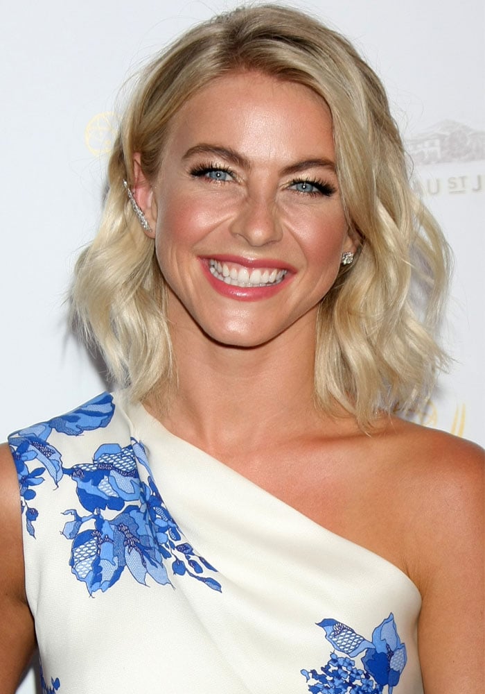 Julianne Hough complements her blue-and-white Monique Lhuillier floral dress with softly tousled waves, luminous makeup, and delicate diamond jewelry at the Television Academy’s Choreography Peer Group Celebration