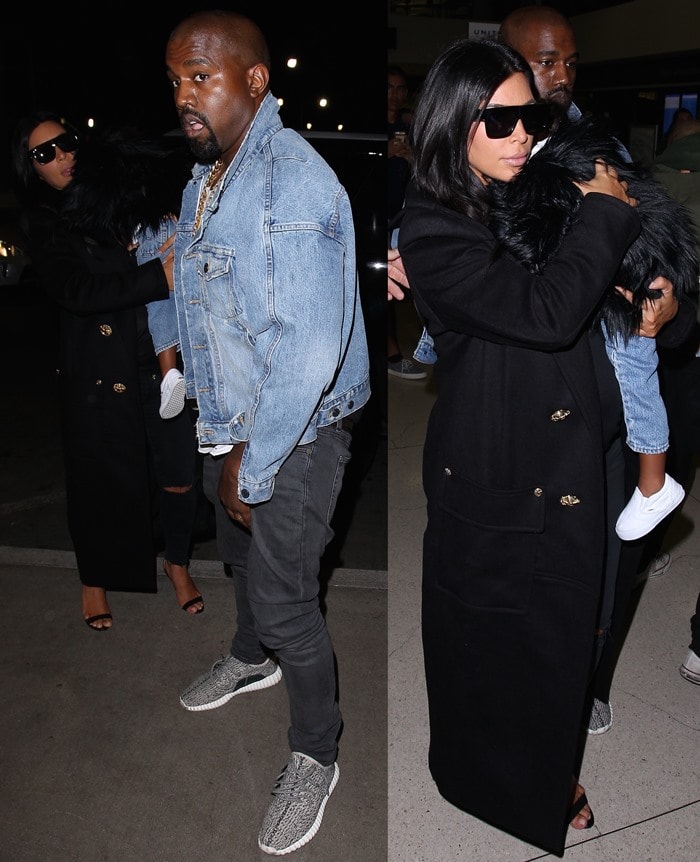 Kim Kardashian navigates LAX in a long black coat and Manolo Blahnik “Chaos” ankle-strap sandals, using the barely-there heel to elongate her silhouette while keeping the focus on clean, structured travel styling