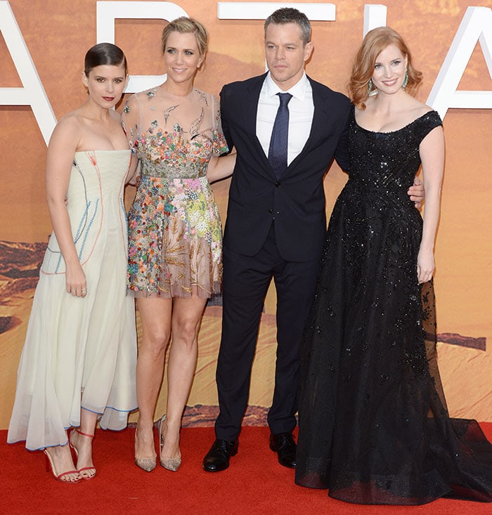 Kate Mara, Kristen Wiig, Matt Damon, and Jessica Chastain step out together on the red carpet at the London premiere of The Martian, delivering a mix of modern minimalism and classic Hollywood glamour