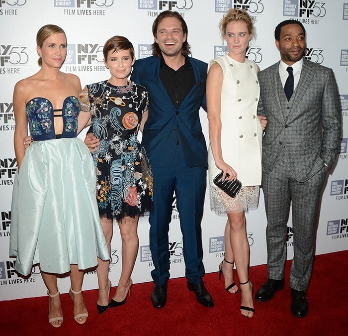Kristen Wiig, Kate Mara, Sebastian Stan, Mackenzie Davis and Chiwetel Ejiofor pose on the red carpet of the premiere of "The Martian"