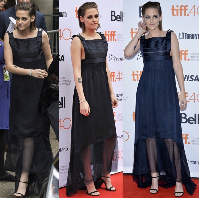 Kristen Stewart elevates a sheer navy Chanel gown with sleek, strappy Casadei Blade heels, bringing modern edge to her red-carpet look at the 2015 Toronto International Film Festival