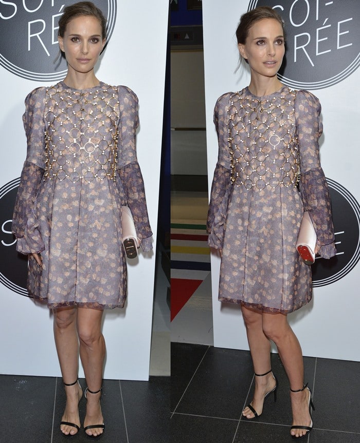 Natalie Portman balances the airy texture of her lilac Christian Dior couture dress with minimalist black ankle-strap heels, the barely-there straps and slim stiletto subtly elongating her 5'2½" frame while keeping the focus on the dress’s intricate detailing