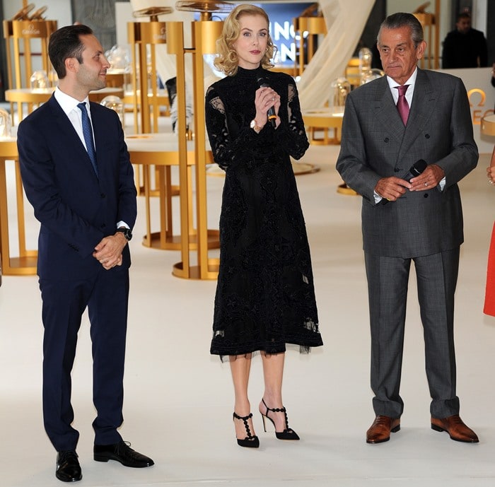 Nicole Kidman, an Omega brand ambassador since 2005, elevated the exhibition opening in a black embellished Valentino dress paired with sculptural Nicholas Kirkwood “Quantum” pumps