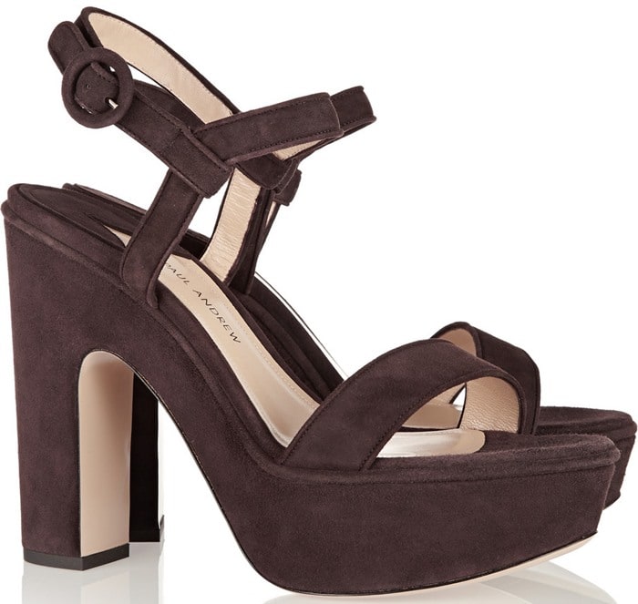 Paul Andrew “Stanton” suede platform sandals in dark brown feature chunky block heels, a substantial platform sole, and minimalist ankle-strap detailing for retro-inspired height and stability