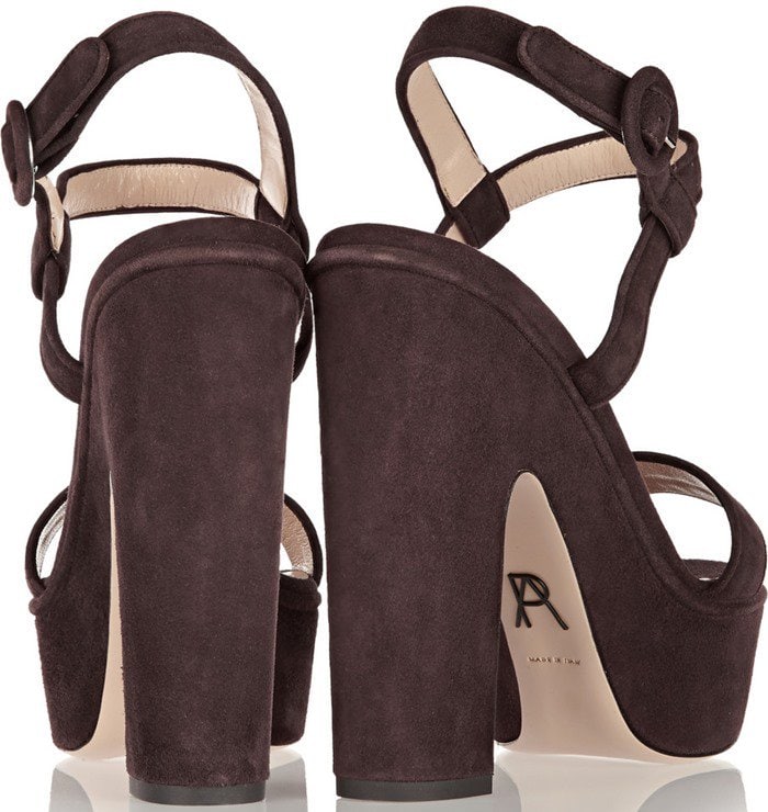 Paul Andrew “Stanton” suede platform sandals in dark brown feature chunky block heels, a substantial platform sole, and minimalist ankle-strap detailing for retro-inspired height and stability