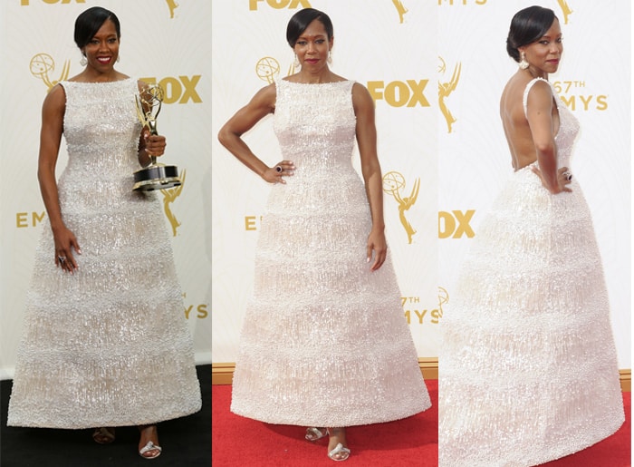 Regina King shines in a stunning sleeveless pearl gown by Krikor Jabotian, featuring intricate embellishments and a graceful silhouette that radiates elegance