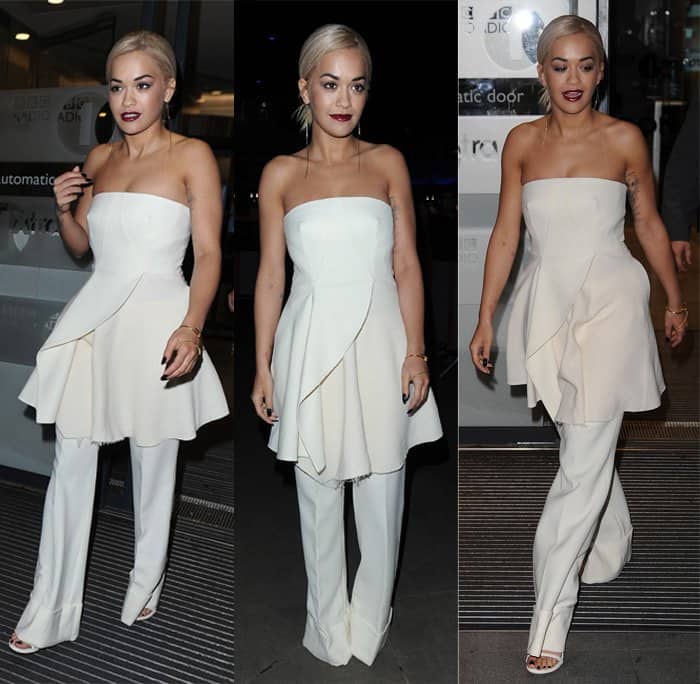 Monochromatic and effortless: Rita Ora steps out in a strapless dress layered over matching trousers by Stella McCartney