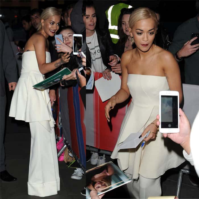 Effortlessly chic, Rita Ora makes a statement in a full Stella McCartney look, styling a strapless white dress over matching trousers