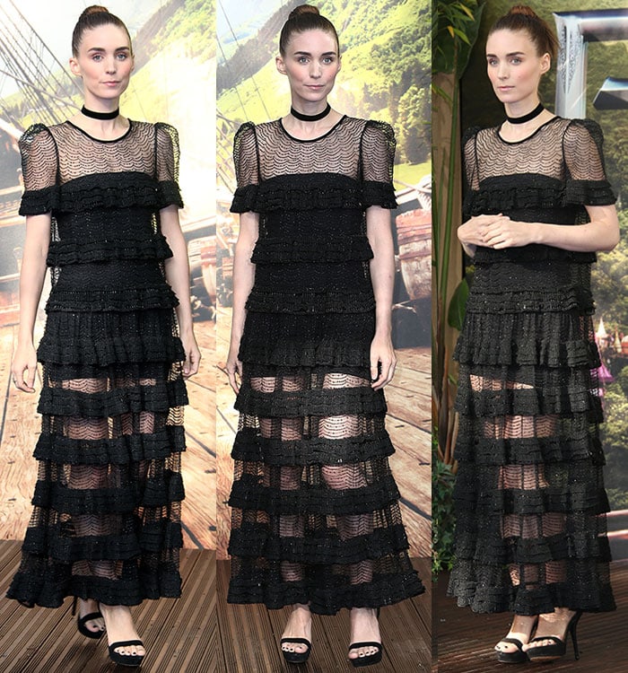 Full-length views show how the tiered Givenchy dress falls just high enough to reveal Rooney Mara’s towering black platform sandals