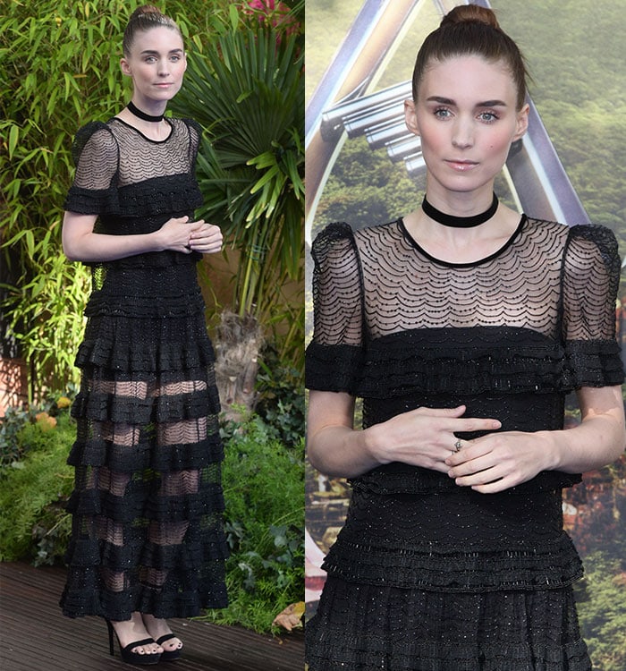 The Givenchy design mixes sheer patterned panels with textured ruffles, while Mara keeps the accessories minimal with a slim black choker and rings