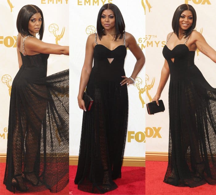 Taraji P. Henson commands attention in a striking custom Alexander Wang black gown, elevated by bold chain-link straps for a touch of edgy sophistication