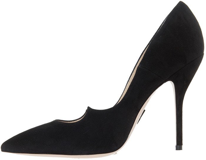 The classic black Paul Andrew “Zenadia” pump features a sculpted scalloped vamp, pointed toe, and slim stiletto heel for timeless red-carpet elegance