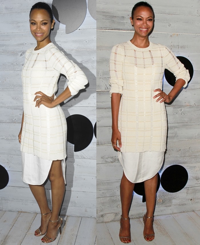 Zoe Saldaña showcases her minimalist layered knit-and-shirt dress, styled simply with metallic sandals