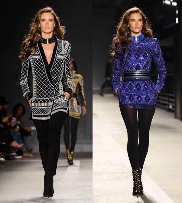 Alessandra Ambrosio captivates in two glamorous Balmain x HM looks, pairing intricate beading and bold tailoring with over-the-knee suede boots and studded open-toe heels that highlight her long, lean legs