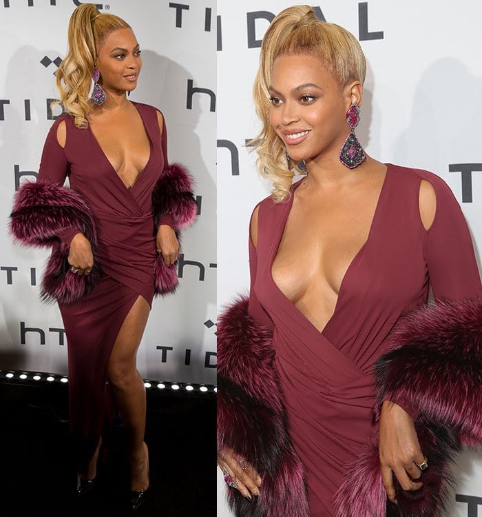 Beyoncé styled her honey-blonde hair in a voluminous high ponytail with loose curls cascading over one shoulder, perfectly framing her face and drawing attention to her oversized plum-hued statement earrings encrusted with sparkling gems