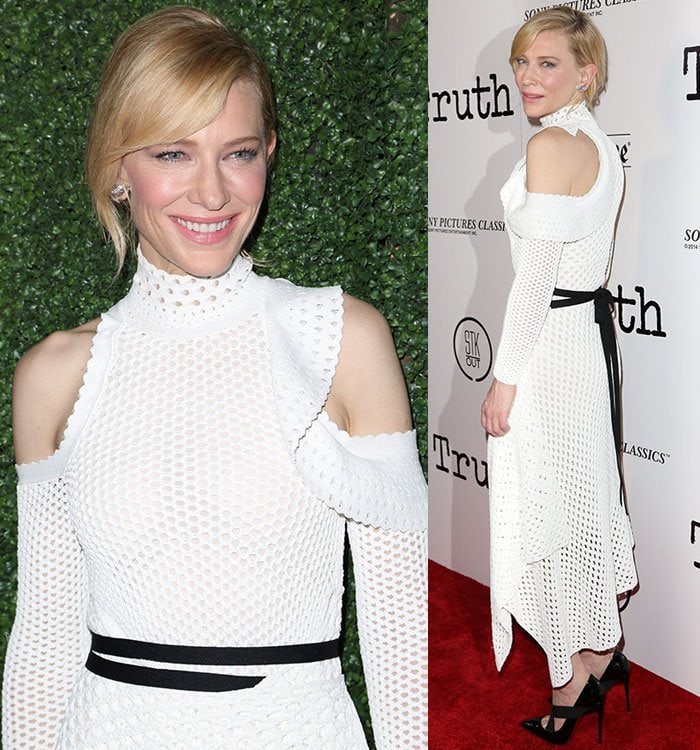 Cate Blanchett draws attention to the chic black belt detailing her Proenza Schouler mesh-knit gown