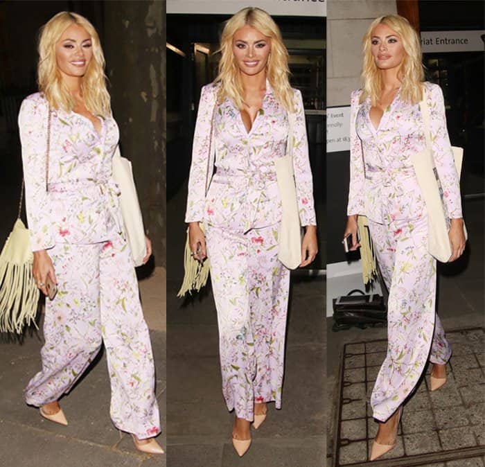 Chloe Sims wears silk pajamas at the Oasis and Victoria Albert Museum collection launch party