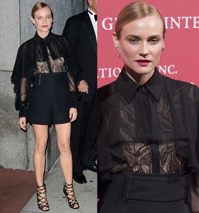 Diane Kruger wears her blonde hair back shows some skin through a sheer blouse