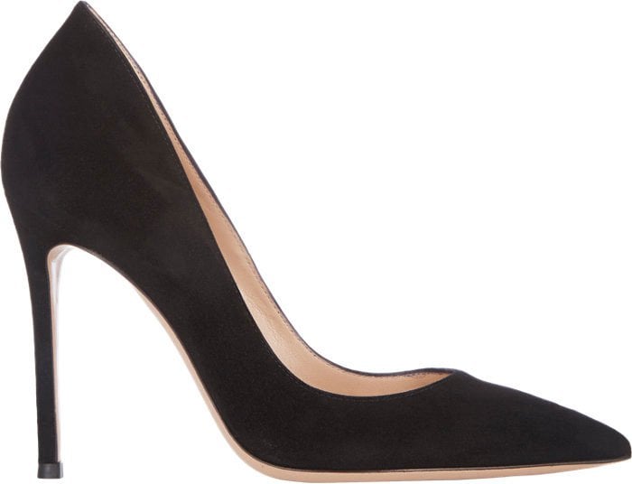 Gianvito Rossi's signature black suede pumps showcase the designer's enduring approach to elegance, combining a sharply pointed toe, slender stiletto heel, and clean lines that have made the style a favorite on red carpets and at fashion events for more than a decade