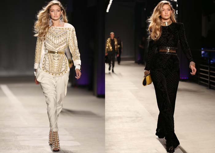 Gigi Hadid models several looks at the launch of the HM x Balmain collection