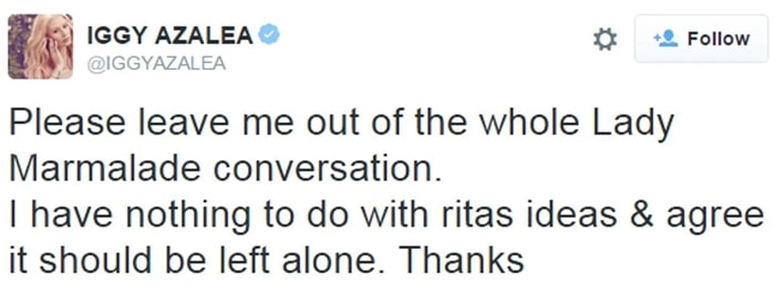 Rapper Iggy Azalea wants nothing to do with Rita Ora's Lady Marmalade cover