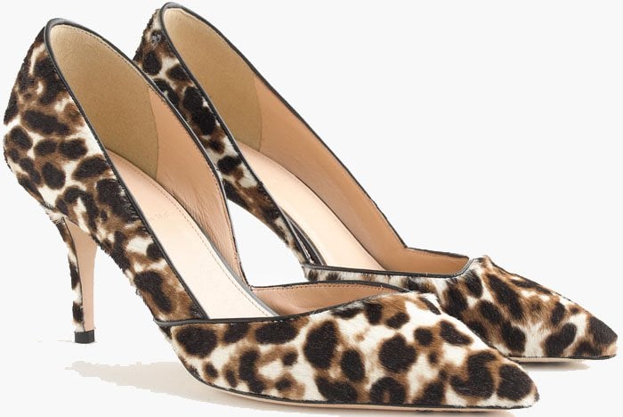 J.Crew Collection Colette Calf Hair d'Orsay Pumps are presented in a classic leopard print with a black piping detail