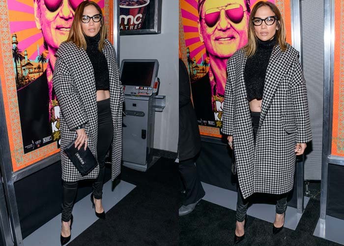 Jennifer Lopez wore a Palchi houndstooth print wool cashmere hooded coat