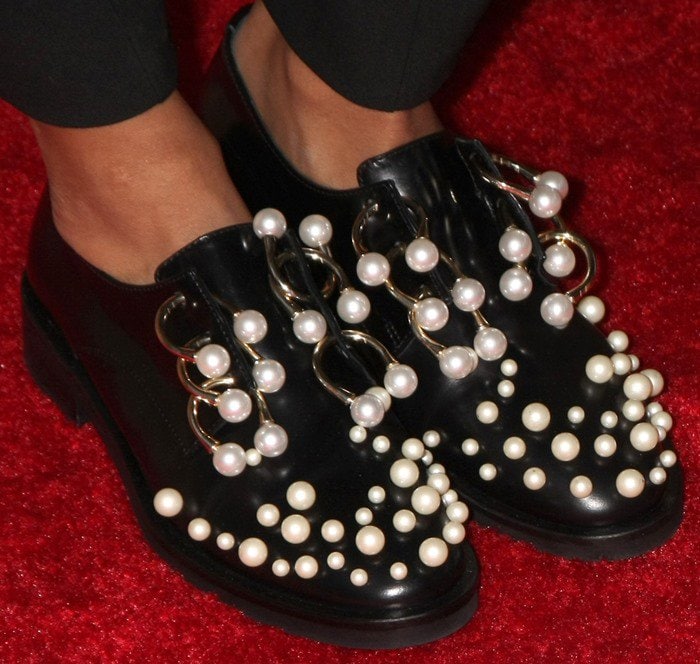 Kat Graham shows off her Coliac Martina pearl-embellished Derby shoes