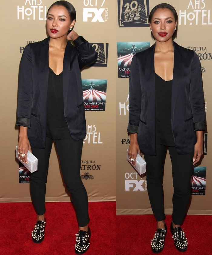 Kat Graham rocking a shirt and blazer by AYR with Emporio Armani pants