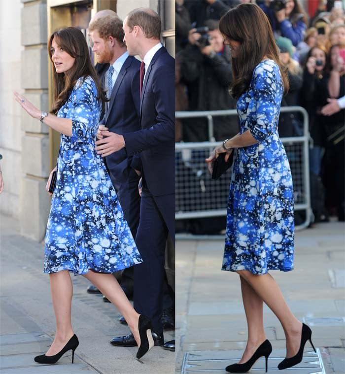 Kate Middleton stuns in a vibrant blue Tabitha Webb dress, paired elegantly with classic black Jimmy Choo “Aimee” pumps, while attending The Charities Forum in London