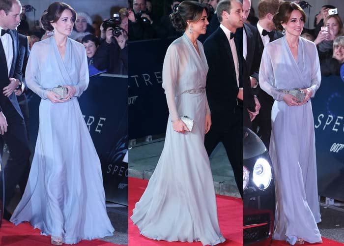 Kate Middleton stuns in a flowing ice-blue Jenny Packham gown with a crystal-embellished waist and matching clutch while attending the Spectre premiere red carpet