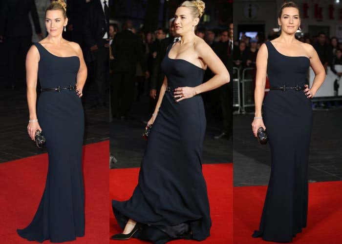Kate Winslet stunned at the Steve Jobs London premiere in a navy one-shouldered Alexander McQueen gown, paired with a matching clutch and classic black suede pumps