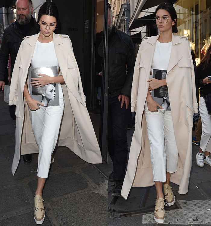 Kendall Jenner with a Sally Lapointe trench coat draped over her shoulders