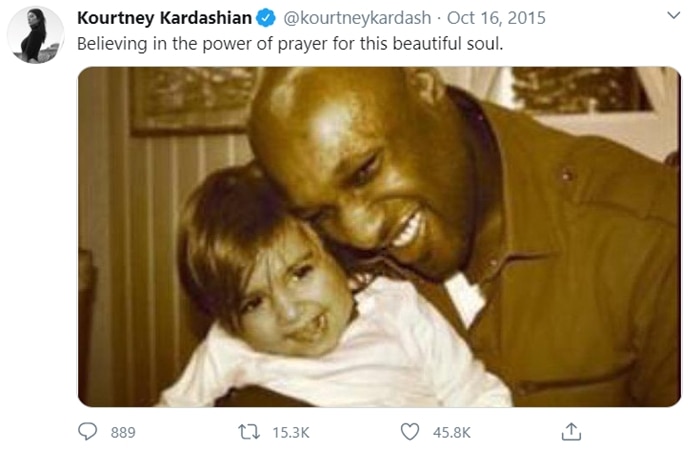 Kourtney Kardashian shares a heartfelt message on X (formerly Twitter) on October 16, 2015, praying for Lamar Odom with a touching photo and the caption, “Believing in the power of prayer for this beautiful soul”