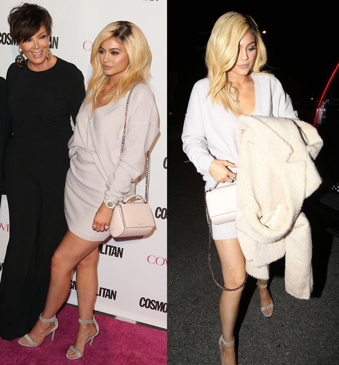 Instead of matching Kris Jenner’s sleek all-black outfit, Kylie softened the family’s coordinated aesthetic with a pale dove-grey sweater dress and nude accessories