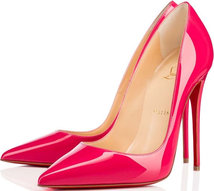 The Christian Louboutin “So Kate” in high-gloss pink patent highlights the silhouette’s sculptural precision, where the steep arch and elongated toe box transform a classic pump into a striking, almost architectural statement