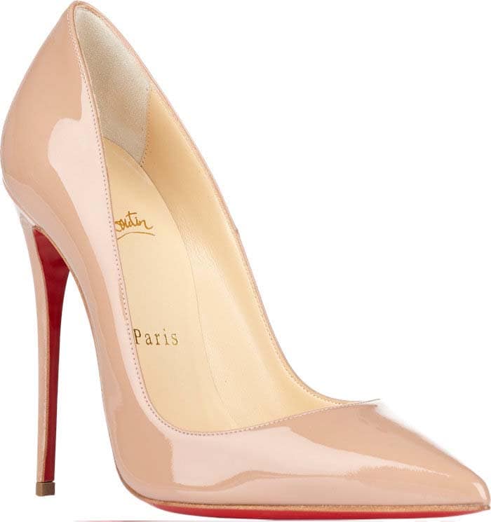 Rendered in glossy nude patent, the Christian Louboutin “So Kate” becomes a wardrobe illusionist—its barely-there tone and low-cut vamp visually extending the leg for a seamless, lengthened line