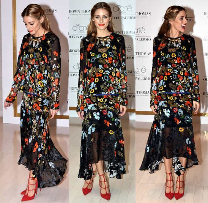 Olivia Palermo stuns in the Preen ‘Lambert’ floral dress, perfectly paired with red Christian Louboutin ‘Toerless Muse’ pumps and statement accessories