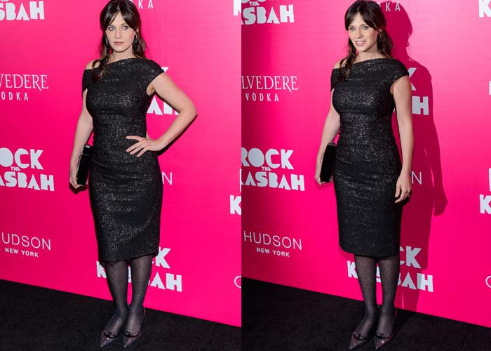 Zooey Deschanel balanced vintage-inspired sparkle with sheer dotted tights and pointed-toe L.K. Bennett heels on the red carpet