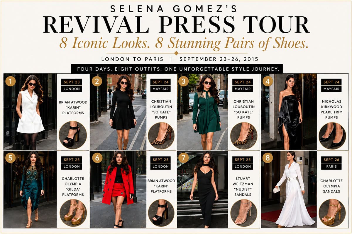 Selena Gomez’s Revival press tour outfits in London and Paris from September 23–26, 2015, featuring heels by Brian Atwood, Christian Louboutin, Nicholas Kirkwood, Charlotte Olympia, and Stuart Weitzman