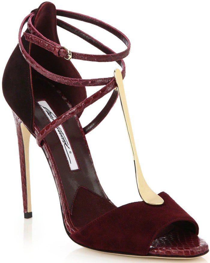 Brian Atwood Purple Avice Python Suede Goldtone T-Strap Sandals