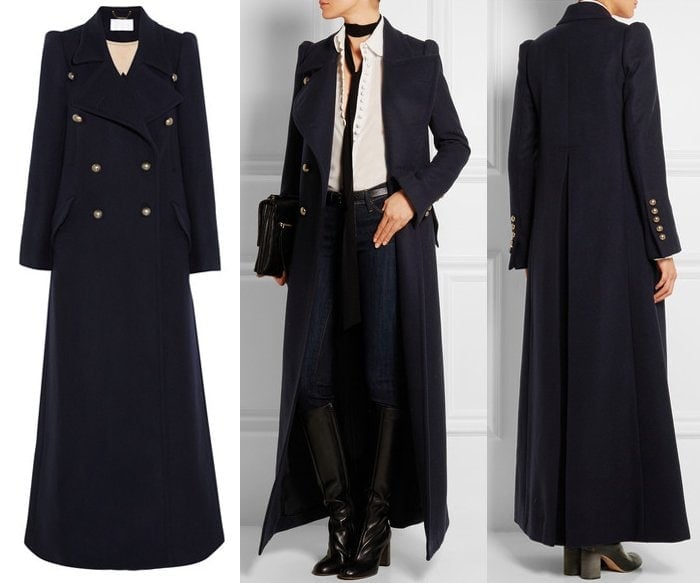 Chloé’s navy double-breasted wool maxi coat delivers timeless Parisian tailoring, defined by sharp lapels, polished gold-tone buttons, and a sweeping floor-length silhouette that elevates any cold-weather look